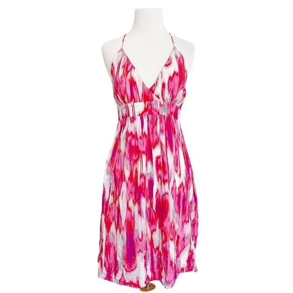 ATHLETA Georgia Halter Racerback Deep V-Neck Pink Watercolor Sundress Size XS - Picture 1 of 10